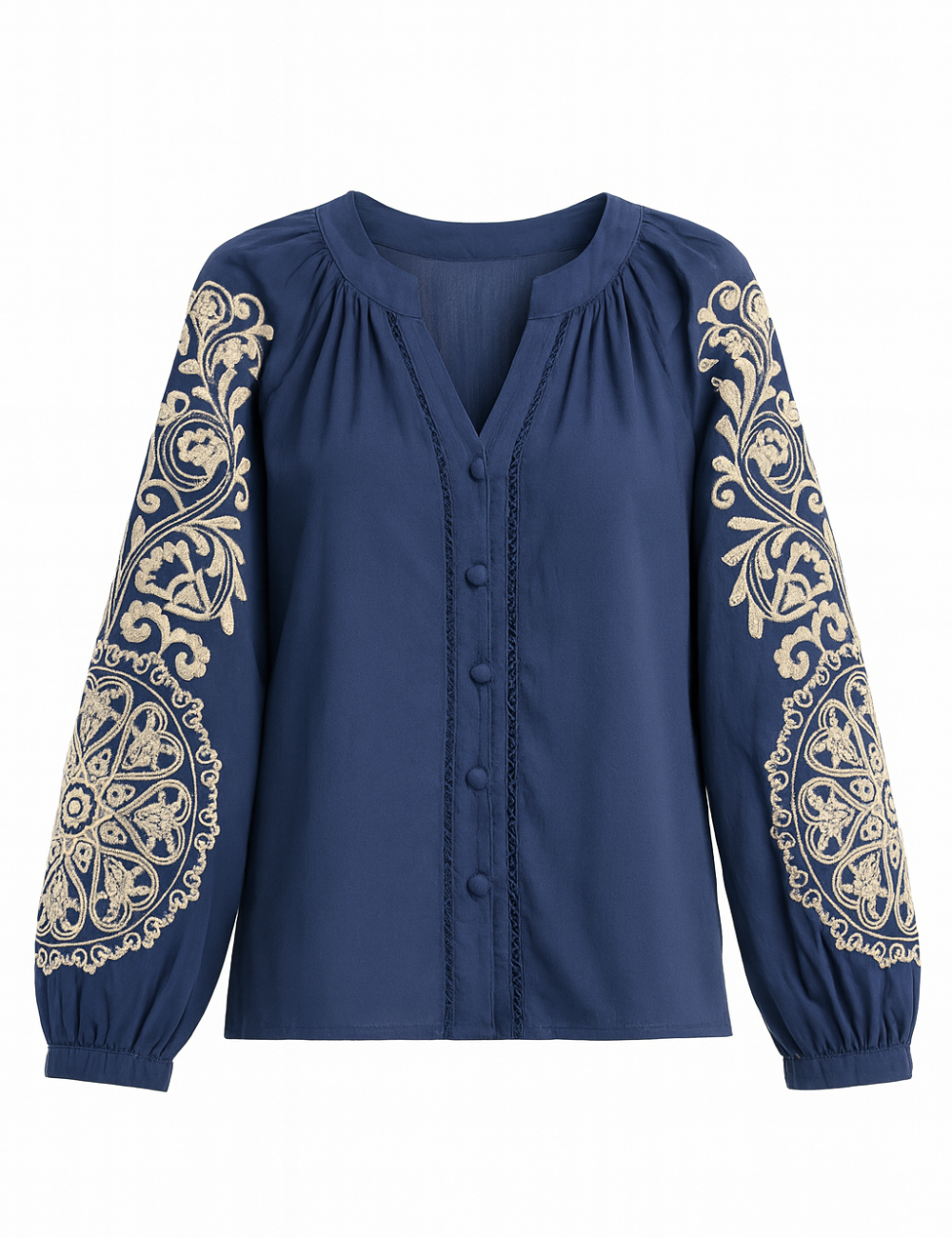 COMPRAR Blusa azul navy con bordados beige en mangas y botones forrados