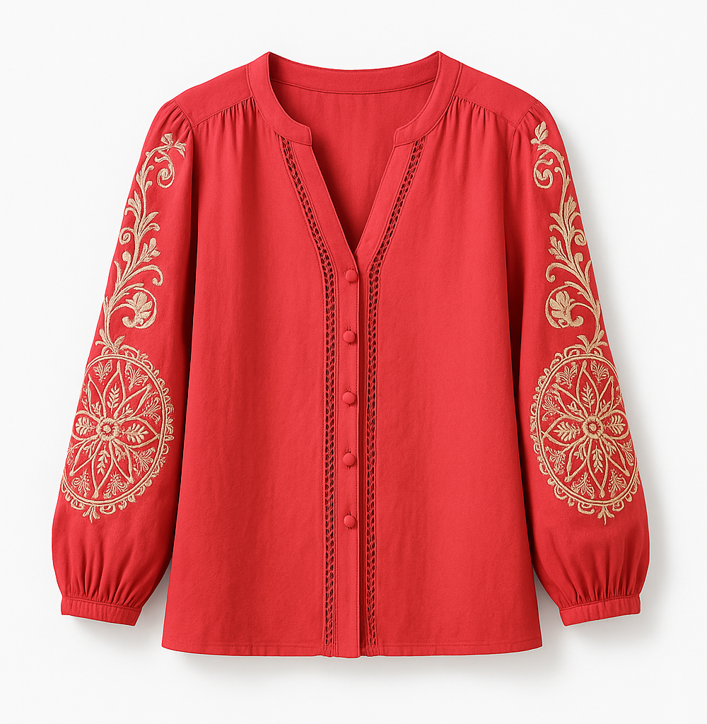COMPRAR Blusa teja con bordados beige en mangas globo y botones forrados
