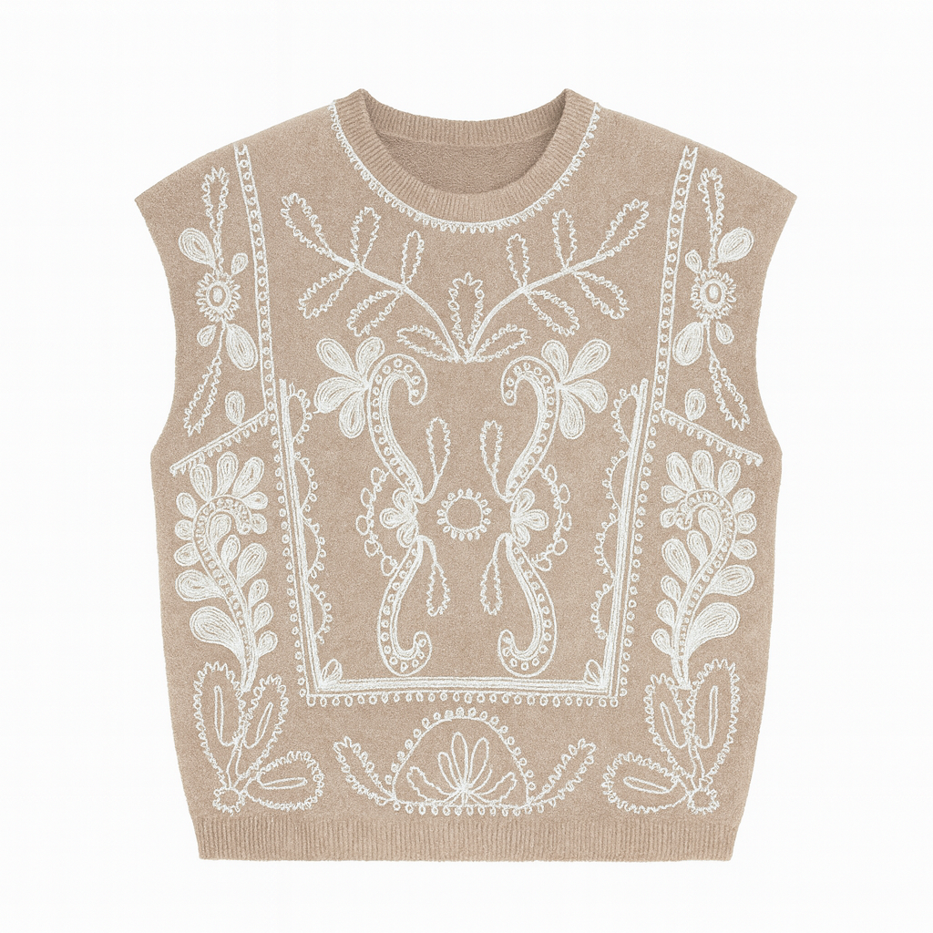 COMPRAR Chaleco de punto con bordado folk en contraste, hombro caído y cuello redondo. Disponible en negro con bordado blanco y taupe (beige) con bordado blanco.