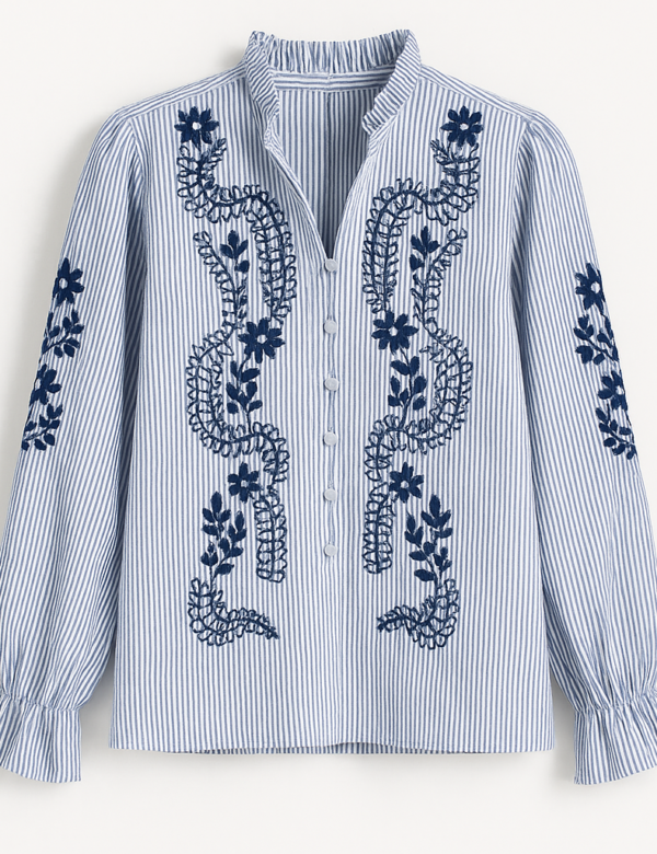COMPRAR Blusa de rayas azul/blanco con bordado azul marino, cuello mao fruncido, botones forrados y manga larga con puño fruncido. Corte relajado.