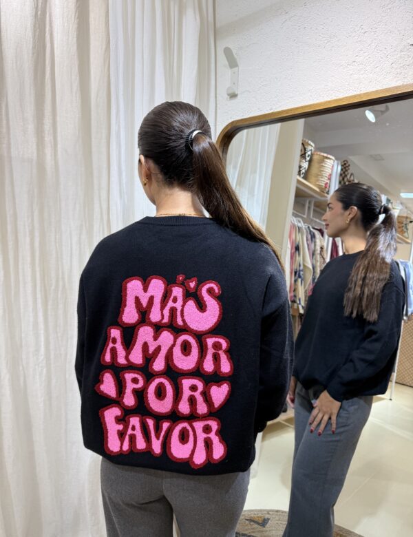 COMPRAR Jersey punto calado mujer, jersey mensaje bordado, punto romántico minimalista, jersey blanco boho, moda punto 2026, JERSEY MAS AMOR POR FAVOR