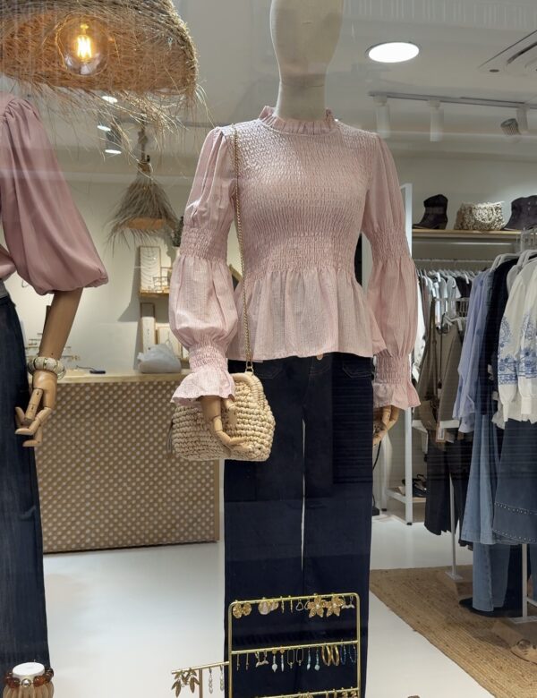 COMPRAR Blusa rosa nido de abeja, blusa romántica mujer, blusa con lurex, manga abullonada rosa, blusa estilo peplum