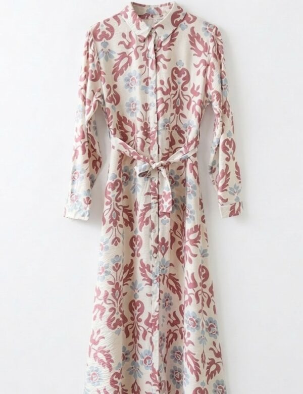 COMPRAR vestido camisero midi, vestido midi con estampado de cachemir, vestido camisero con cinturón, vestido midi con estampado de damasco, vestido midi de manga larga. vestido casual elegante, vestido de primavera, vestido de otoño, vestido cómodo, estampado bohemio chic, vestido midi para mujer.ROSA Y AZUL